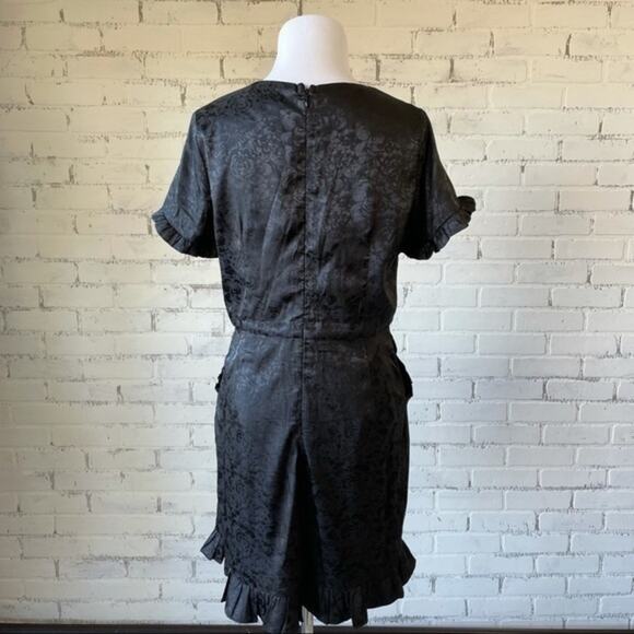 Lulus Black Short Dress Medium Pockets Ruffle Embossed Roses - Picture 2 of 12